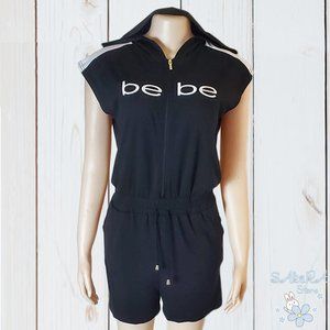 NWT BEBE SPORT AUTHENTIC WOMEN'S BLACK HOODIE SHORT SLEEVE ROMPER JUMPSUIT